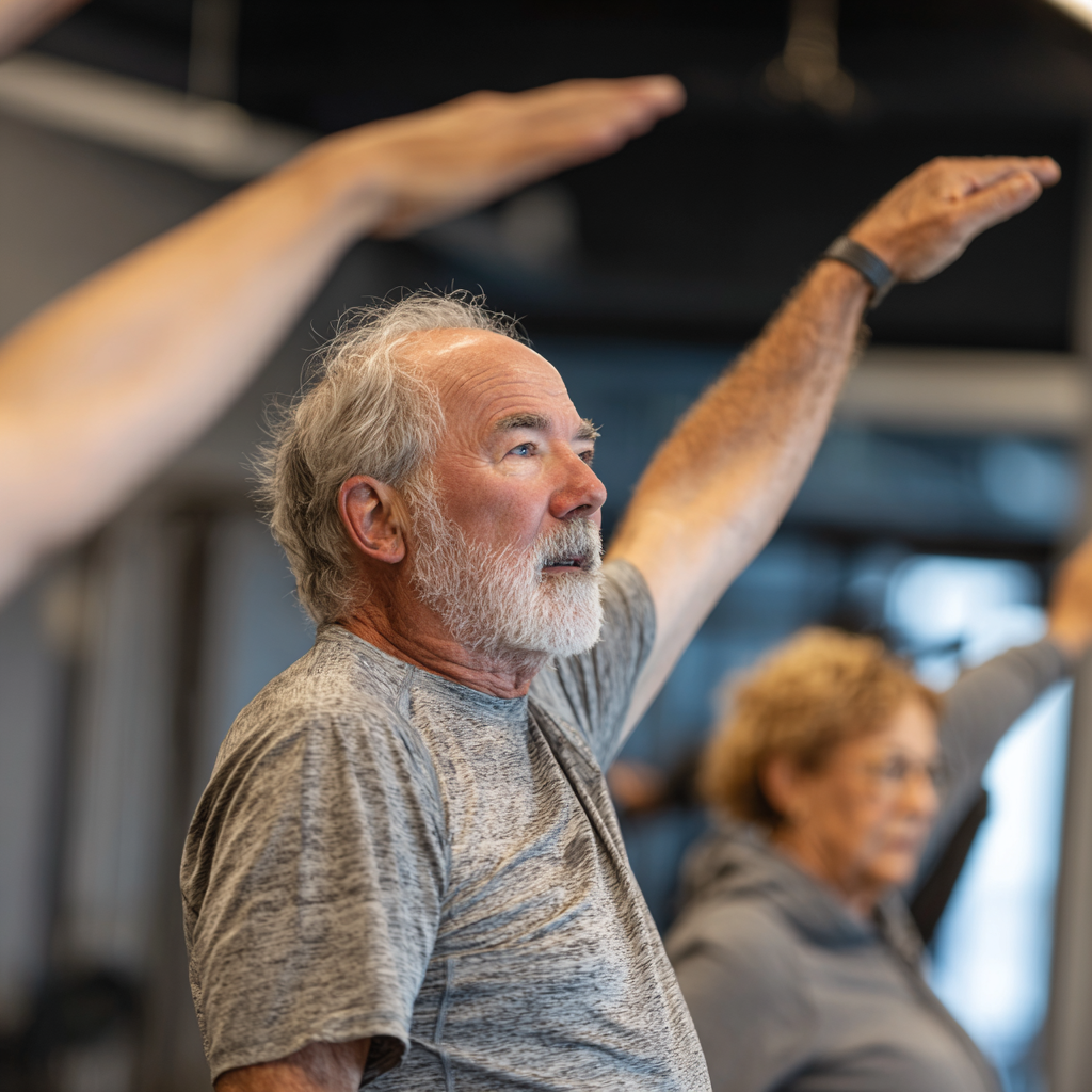 Experienced trainer guiding mature adults through functional movement exercises